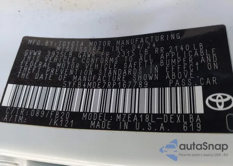 2024 Toyota Corolla Le из США, поврежденный, VIN 5YFB4MDE7RP167789